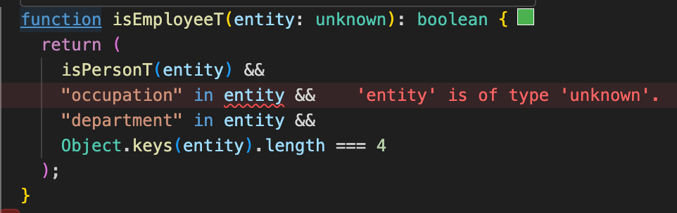 Erreur TypeScript dans isEmployeeType : 'entity' is of type 'unknown'