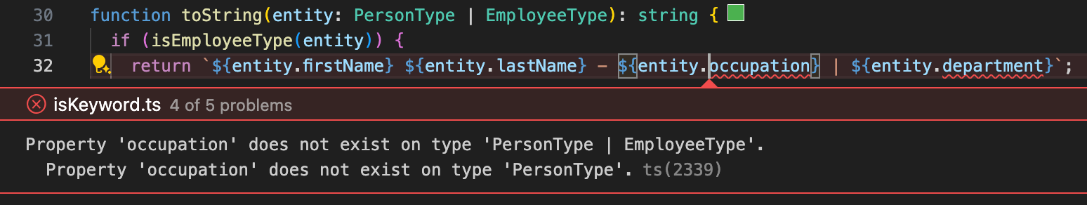 Erreur TypeScript dans toString : Property 'occupation' does not exist on type 'PersonType | EmployeeType'